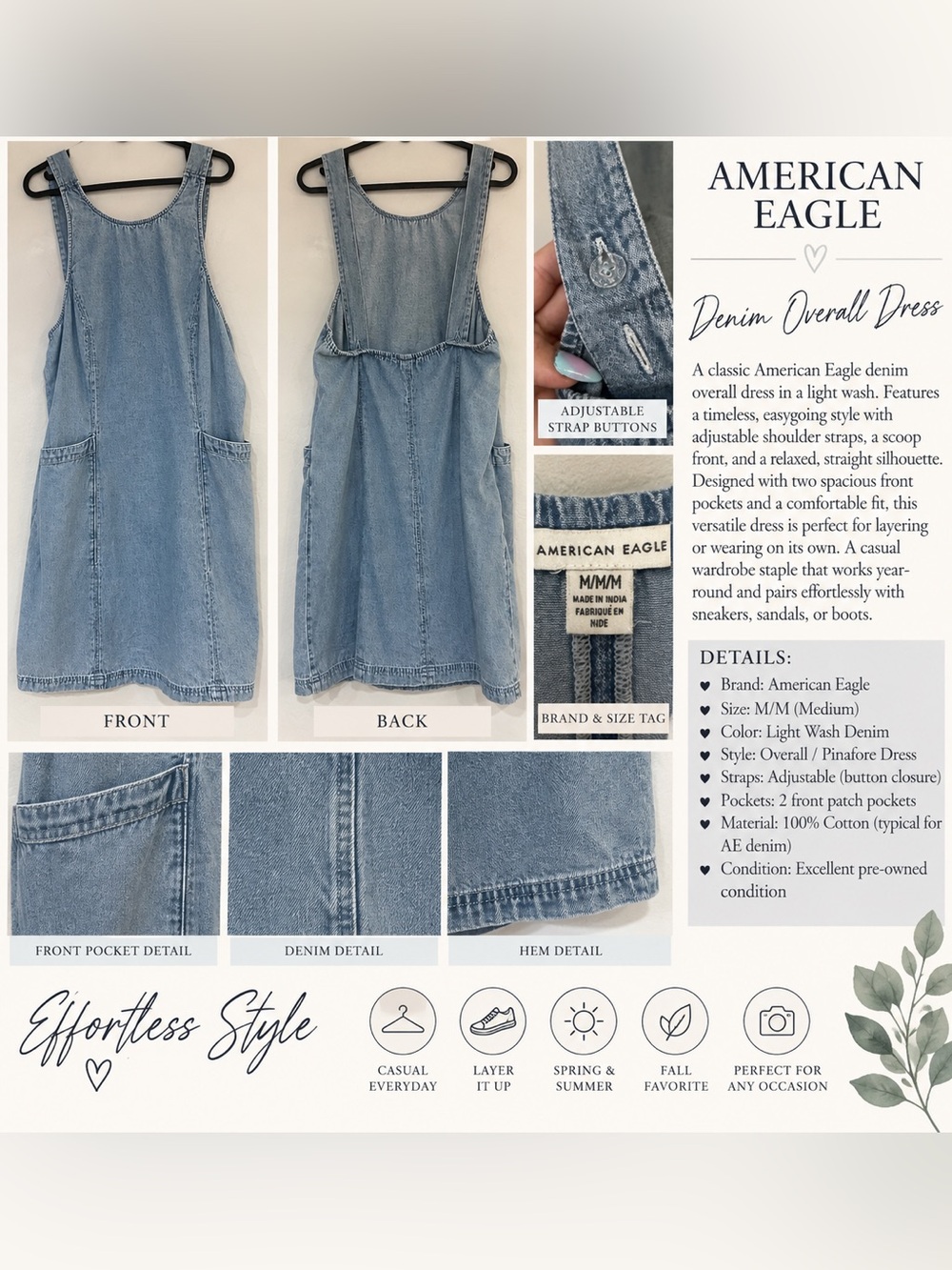 American Eagle Light Wash Denim Overall Pinafore Dress M